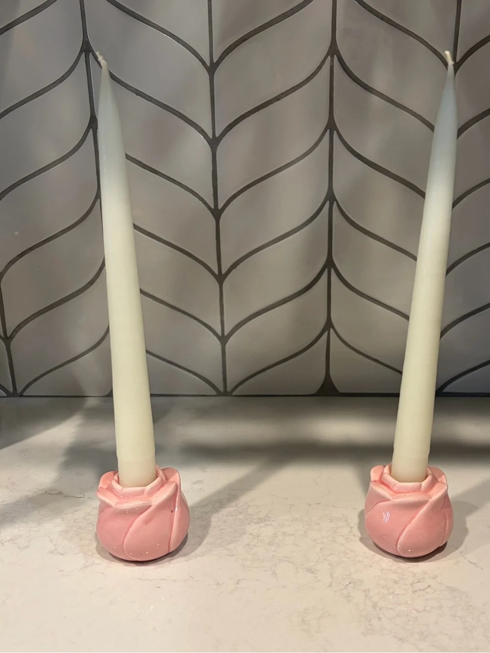 Pair of Pink Rose Ceramic Taper Candle Holders